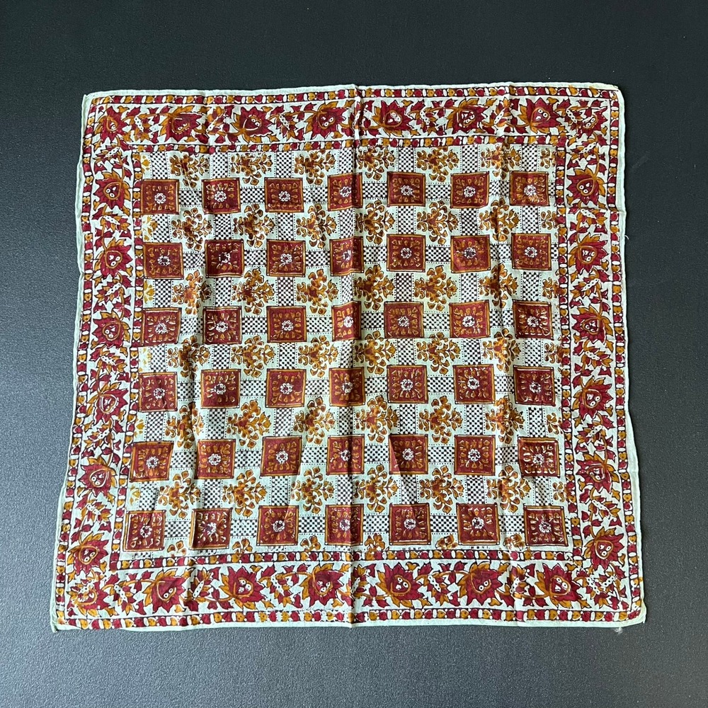 Vtg Karavan Hand Printed India Cotton Scarf Burgundy Mustard Floral 3000